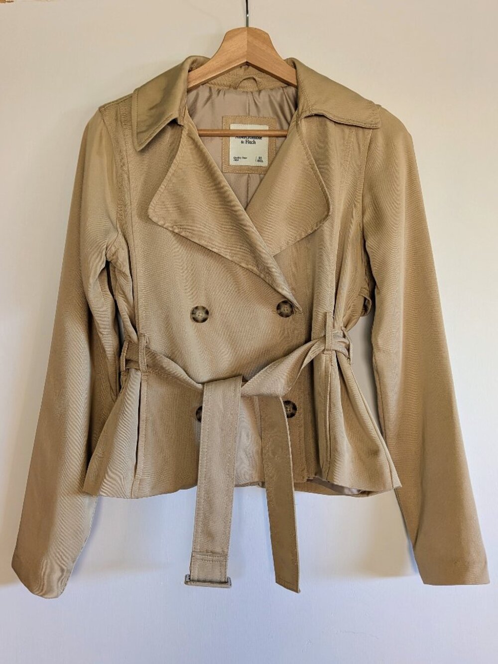 Abercrombie Cropped Trench Coat Belted Twill Double Breasted XS Khaki Tan